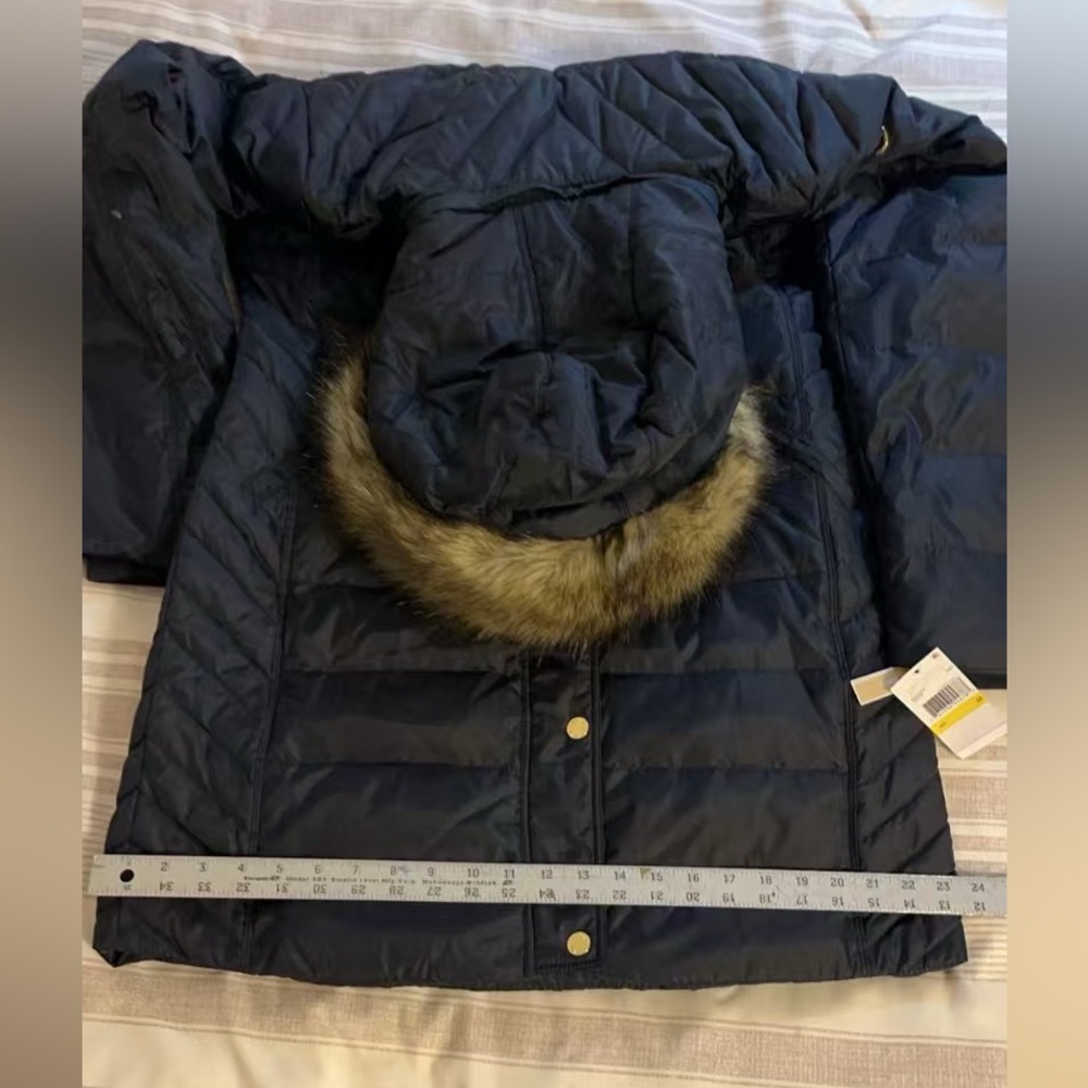 Michael Kors Navy Down Quilted Coat with Faux Fur Hood - Picture 6 of 16